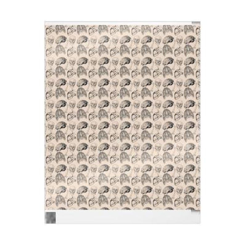 May include: A beige background with a repeating pattern of black and white anatomical illustrations of human lungs.