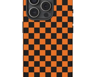 Retro Orange Black Checkerboard Phone Case, Tough Phone Cases, Halloween Checkered iPhone 15 Pro Max, iPhone 11 12 13 14 Samsung s20 s22 s23