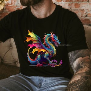 May include: A black t-shirt with a colorful dragon graphic. The dragon has a blue body with yellow, orange, pink, and green scales. The dragon is breathing out pink and purple smoke.