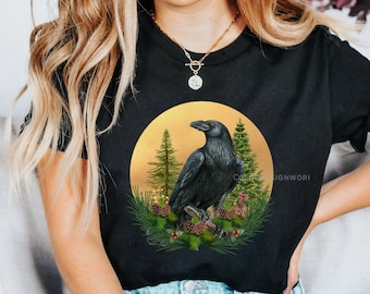 Raven Shirt, Black Bird Forest Trees T-Shirt, Unisex Crow Short Sleeve Tee ,Trendy Black Bird Forest Animal Tee, Norse Mythology Shirt