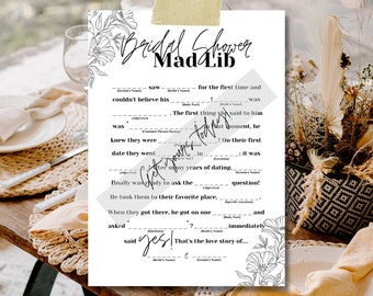 Bridal Shower Mad Lib. Instant Digital Download. Elegant. Black and White. Made by “For The Occasion Co”