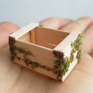 Könnte beinhalten: Eine kleine Holzkiste mit naturbelassenem Holzfinish und Moos-Akzenten. Die Kiste ist leer und hat einen rustikalen Look.