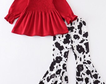 Red cow print ruffle bell bottom set