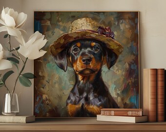Könnte beinhalten: Ein Gemälde eines schwarz-braunen Hundes, der einen Strohhut mit einer lila Blume trägt. Der Hund schaut direkt auf den Betrachter. Der Hintergrund ist ein verschwommenes, farbenfrohes Gemälde.