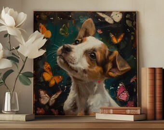 Jack Russell Terrier Art Print, Whimsical Animal Print, Jack Russell Puppy Nursery Wall Decor, Dog Lover Gift, Textured Faux Oil Painting