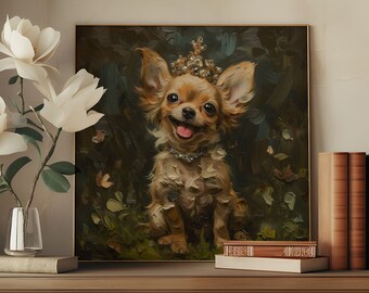 May include: A painting of a small, brown chihuahua wearing a jeweled crown and a necklace. The dog is sitting in a forest setting with green leaves and flowers.