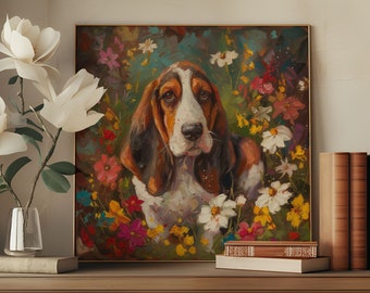 Basset Hound konsttryck, nyckfullt djurtryck, Basset valp barnrumsväggdekor, hundälskare present, texturerad konstoljamålning