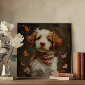 Impressão de arte de Spaniel Brittany, impressão de animal extravagante, decoração de parede de berçário de filhote de cachorro Brittany, presente de amante de cachorro, pintura a óleo falsa texturizada