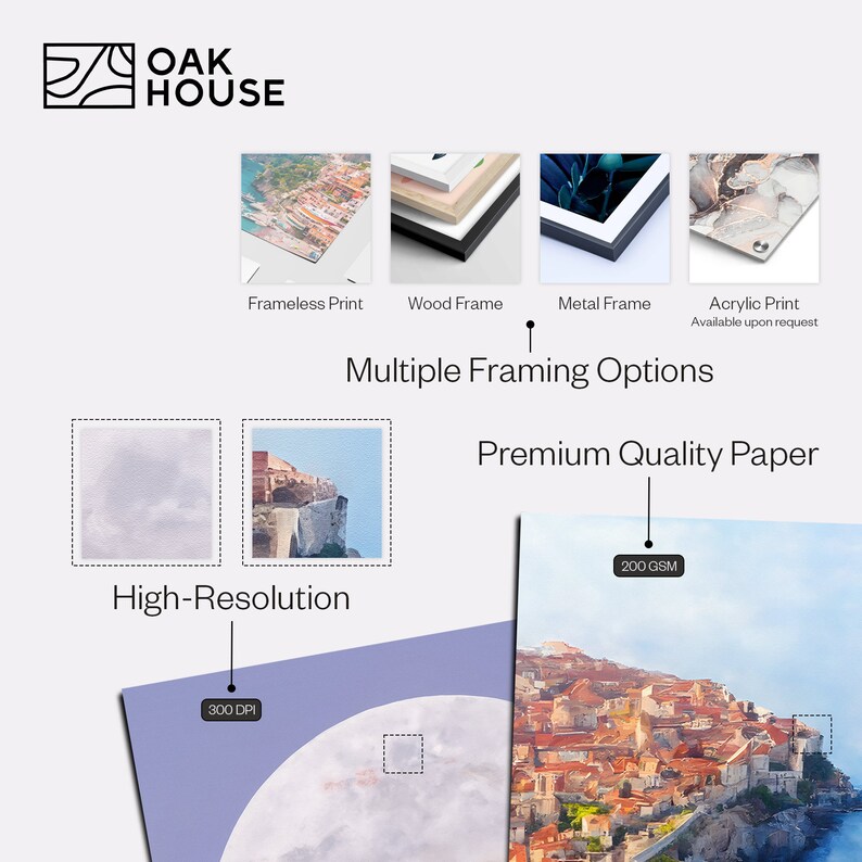 May include: A digital illustration of a cityscape with buildings on a cliff overlooking the ocean. The image is available as a framed or unframed print, with multiple framing options. The print is printed on high-quality paper with a 300 DPI resolution.