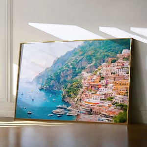Positano Italien Druck, Amalfiküste Wand Kunst, Italienische Küste Aquarell Landschaft, Bunter Sommer Druck, Segeln Kunst