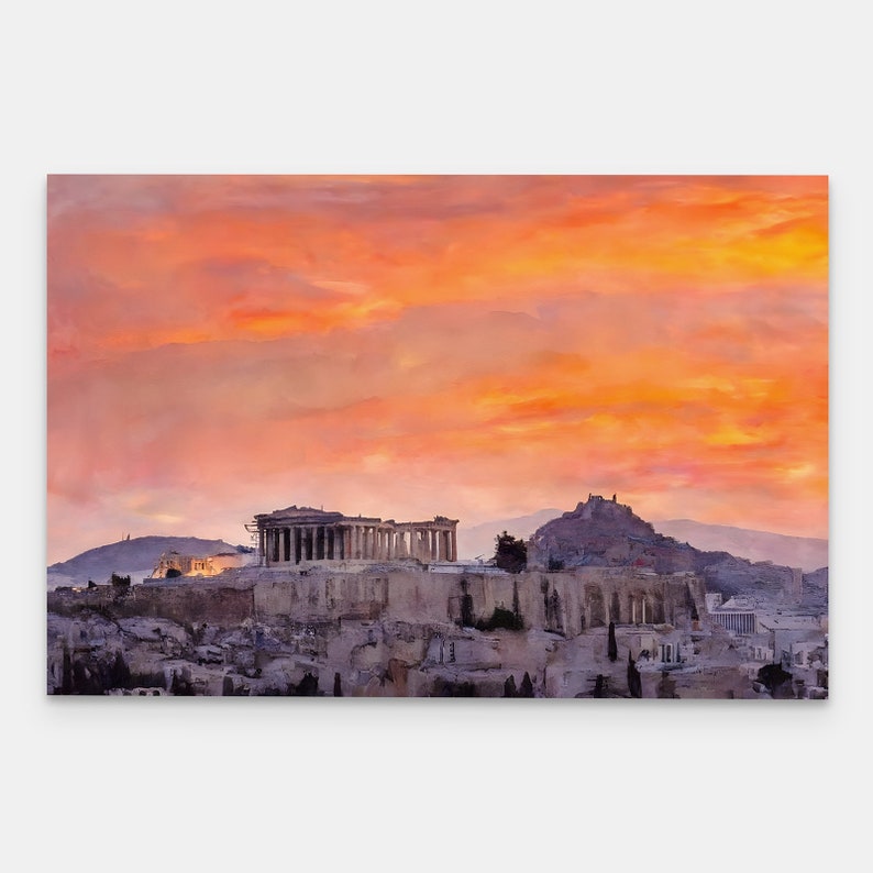 May include: A landscape print of the Acropolis in Athens, Greece, under a vibrant sunset sky. The ancient Greek architecture is depicted in detail, with a warm, orange and pink sky.