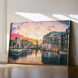 Amsterdam Painting, Netherlands Travel Print, Colorful Holland Wall Art, Amstel River Poster, Watercolor Landscape of Canals of Amsterdam