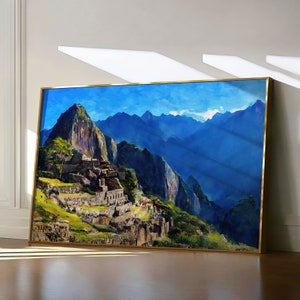 Machu Picchu Painting, Peru Travel Print, Seven Wonders of the World, Colorful Watercolor Landscape, World Landmarks, Archeology Poster