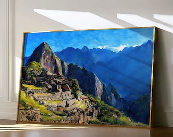Machu Picchu Painting, Peru Travel Print, Seven Wonders of the World, Colorful Watercolor Landscape, World Landmarks, Archeology Poster