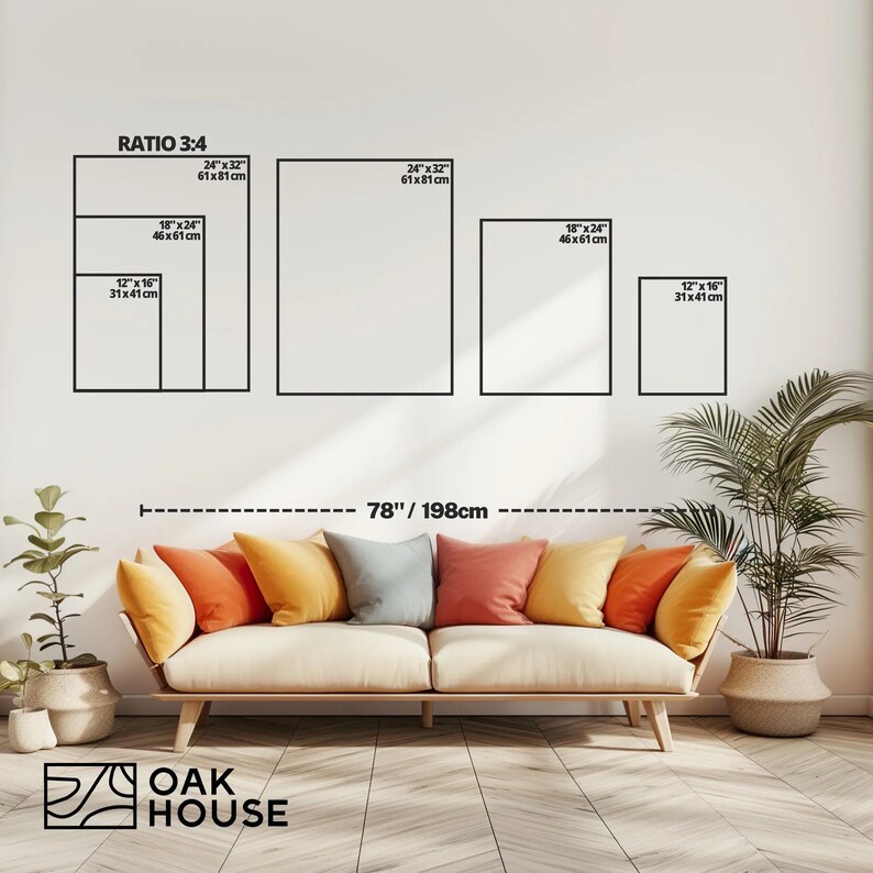 May include: A white wall with black outlines of different sized rectangular frames. The frames are labeled with measurements in inches and centimeters. The text "RATIO 3:4" is at the top of the image. The text "78"/198cm" is below the frames. A white couch with colorful pillows is in the foreground. A potted plant is on the right side of the image. The text "OAK HOUSE" is at the bottom of the image.