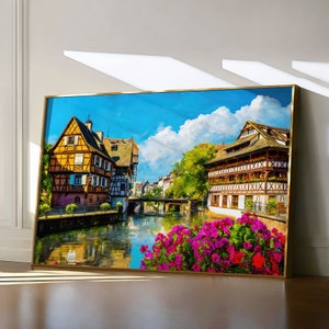 Tableau Strasbourg, impression voyage en France, art mural Alsace, affiche village européen, paysage aquarelle coloré