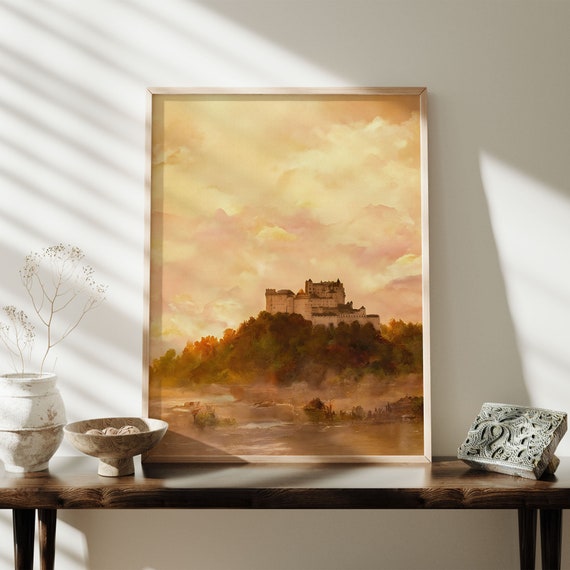 Salzburg Painting, Austria Travel Print, Hohensalzburg Fortress Poster, Bright Colorful Landscape Wall Art, Fairy Tale Castle Watercolor