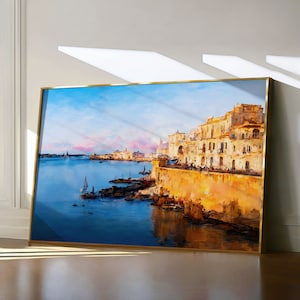 Syracuse Painting, Ortigia Travel Print, Colorful Italy Wall Art, Sicily Decor, Italian Coast Watercolor Landscape, Historical Landmark
