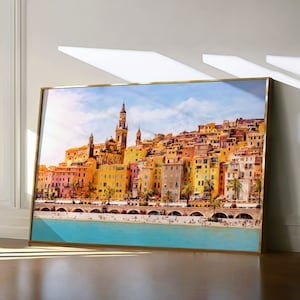 Menton Print, France Travel Painting, Mediterranean Sea Wall Art, French Riviera Summer Art, Colorful Cote d&#39;Azur Watercolor Landscape
