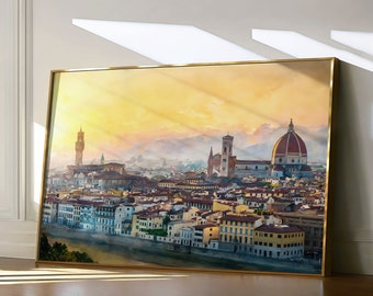 Florence Painting, Italy Travel Art Print, Tuscany Wall Art, Florence Skyline, Duomo Cathedral, Colorful Watercolor Landscape