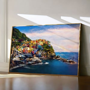 Cinque Terre Painting, Italy Travel Print, Italian Riviera Wall Art, Italian Coast Watercolor Landscape, Colorful Manarola Village Art