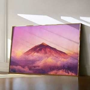 Tenerife Painting, Canary Islands Travel Print, Colorful Spain Wall Art, Mount Teide Poster, Pink Clouds Watercolor Landscape
