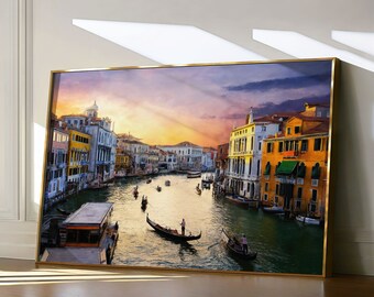 Venice Painting, Italy Travel Print, Venice Gondola Wall Art, Grand Canal Honeymoon, Watercolor Landscape, Bright Colorful Wall Decor