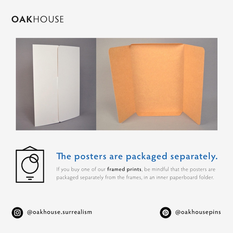 May include: Two views of packaging for framed prints. One shows a folded white paperboard, the other a folded tan paperboard. Text reads: "The posters are packaged separately."