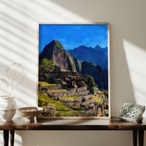 Machu Picchu Portrait Painting, Peru Travel Print, Seven Wonders of the World, Colorful Watercolor Landscape, World Landmarks, Archeology