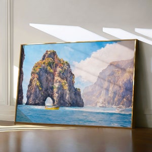 Capri Painting, Italy Travel Print, Italian Riviera Wall Art, Italian Coast Watercolor Landscape, Colorful Salerno Village Art