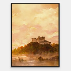 May include: A painting of a white castle on a hill with a river in the foreground. The sky is a soft yellow with pink clouds.