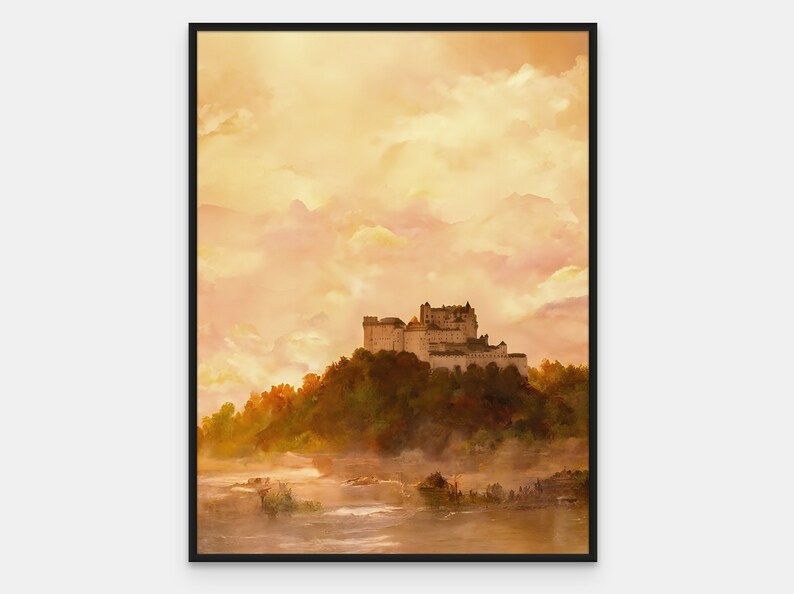 May include: A painting of a white castle on a hill with a river in the foreground. The sky is a soft yellow with pink clouds.