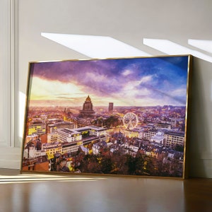 Brussels Painting, Belgium Travel Print, Bruxelles Wall Art, City of Brussels Skyline, Colorful Watercolor Landscape