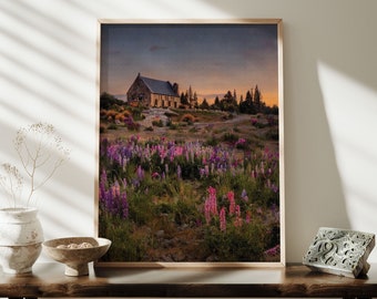 Lake Tekapo Art Print, Farmhouse Wall Decor, New Zealand Wall Art, Blooming Lupin Fields Poster, Majestic Sunset Print