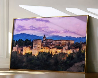 Granada Spain Painting, Alhambra Palace Art, Andalusia Travel Print, Landscape Watercolor, Colorful Islamic Architecture Wall Art