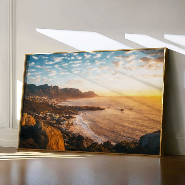 Majestic Cape Town Sunset, Colorful Watercolor Landscape Print, Panoramic Table Mountain Wall Art, Vibrant Seascape Home Decor