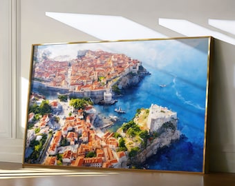 May include: A watercolor painting of a coastal city with red-roofed buildings, a blue sea, and a small boat in the distance.
