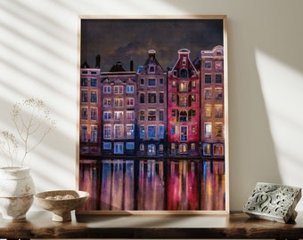 Impressão artística de Amsterdã, impressão de viagem para a Holanda, arte de parede em aquarela com casas holandesas, decoração de parede colorida de canal na Holanda