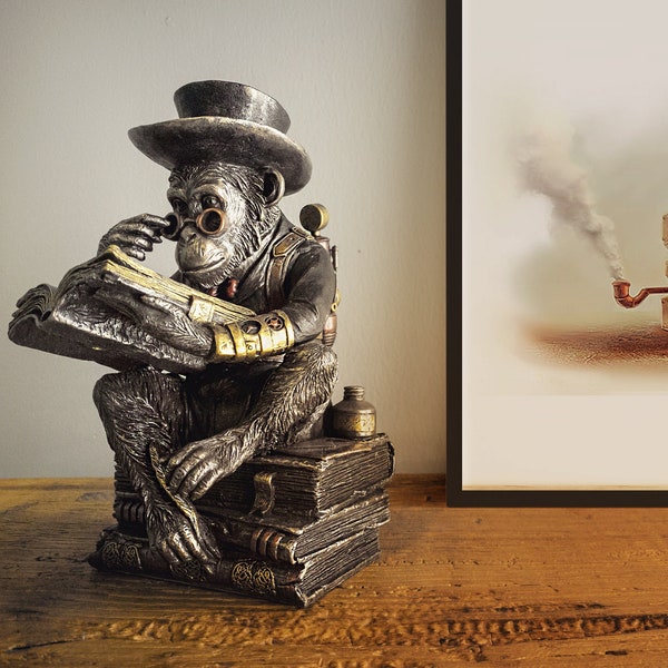 Steampunk Schimpanse Professor Figurine ein Buch lesend, Bronze Handbemalte, Dekorative Skulptur