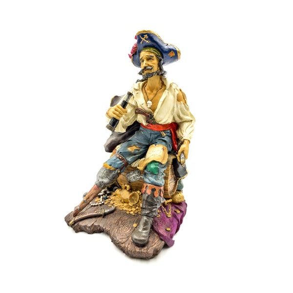 Capitaine pirate 9,5 pouces avec pied en bois, statue décorative colorée peinte à la main