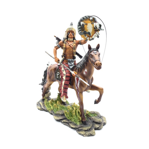 Native American Figurine on a Horse, Colorful Hand-Painted, Decorative Statue