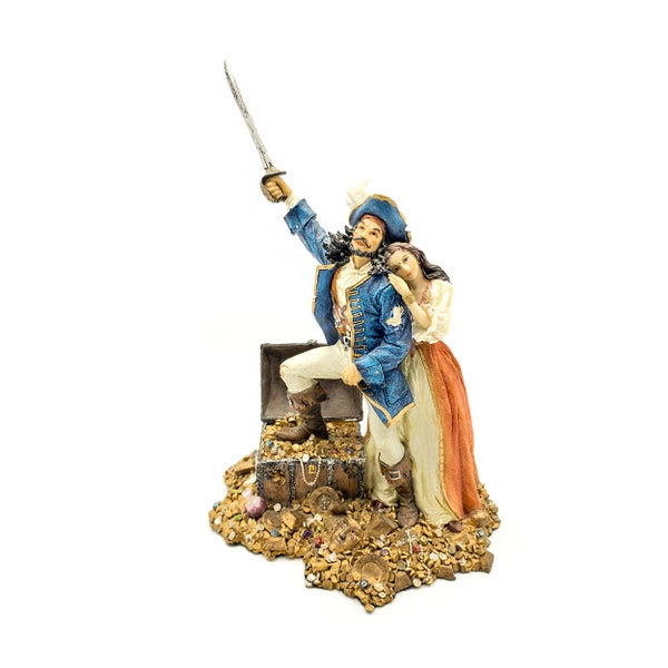 Pirate avec figurine au trésor, peinte à la main colorée, sculpture de décoration intérieure