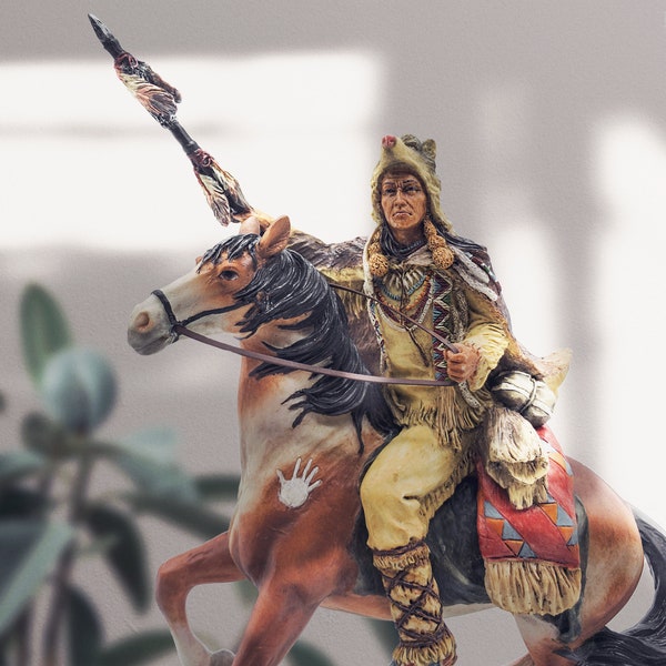 Native American with Horse and Wolf Figurine, Colorful Hand-Painted, Decorative Statue