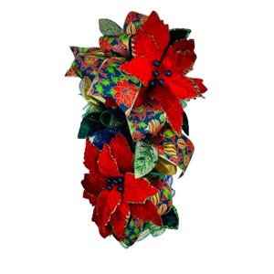 Festive Poinsettia Christmas Swag Wreath – Red Floral Holiday Door Decor, Handmade Christmas Bow, Elegant Front Door Decoration
