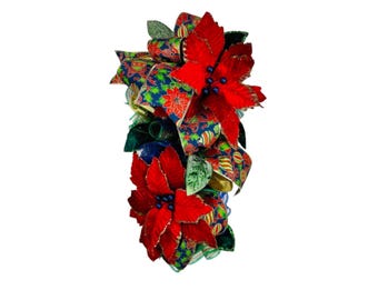 Handmade Poinsettia Christmas Swag, Red Floral Holiday Door Decor
