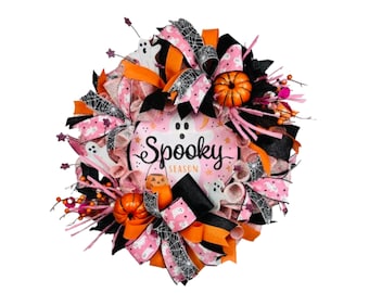 Pink Halloween Wreath, Spooky Season Ghosts & Pumpkins Front Door Decor