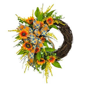 Sunflower and Plaid Bow Fall Wreath, Rustic Autumn Decor, Front Door Wreath, Handmade Grapevine Wreath