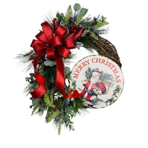 Rustic Merry Christmas Wreath with Vintage Santa, Holiday Grapevine Wreath with Red Bow and Greenery, Handmade Christmas Decor