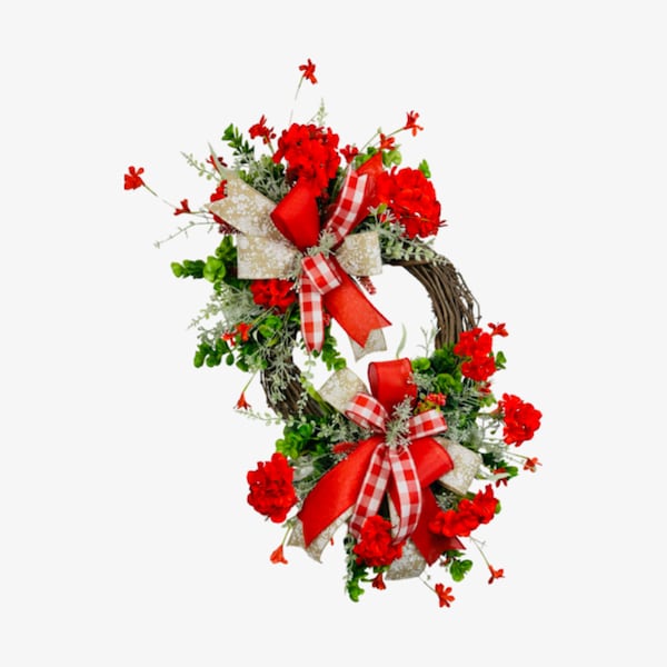 Geranium Wreath, Summer Wreath, All Season Wreath, Front Door Decor, Red Geranium Wreath