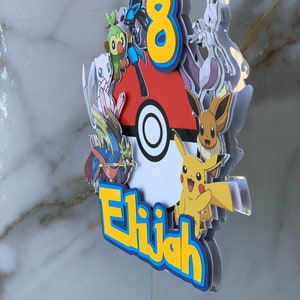 Puede incluir: Un adorno para pastel de Pok&eacute;mon amarillo, azul y rojo con el n&uacute;mero 8 y el nombre Elijah. El adorno presenta varios personajes de Pok&eacute;mon, incluidos Pikachu, Eevee y Grookey.